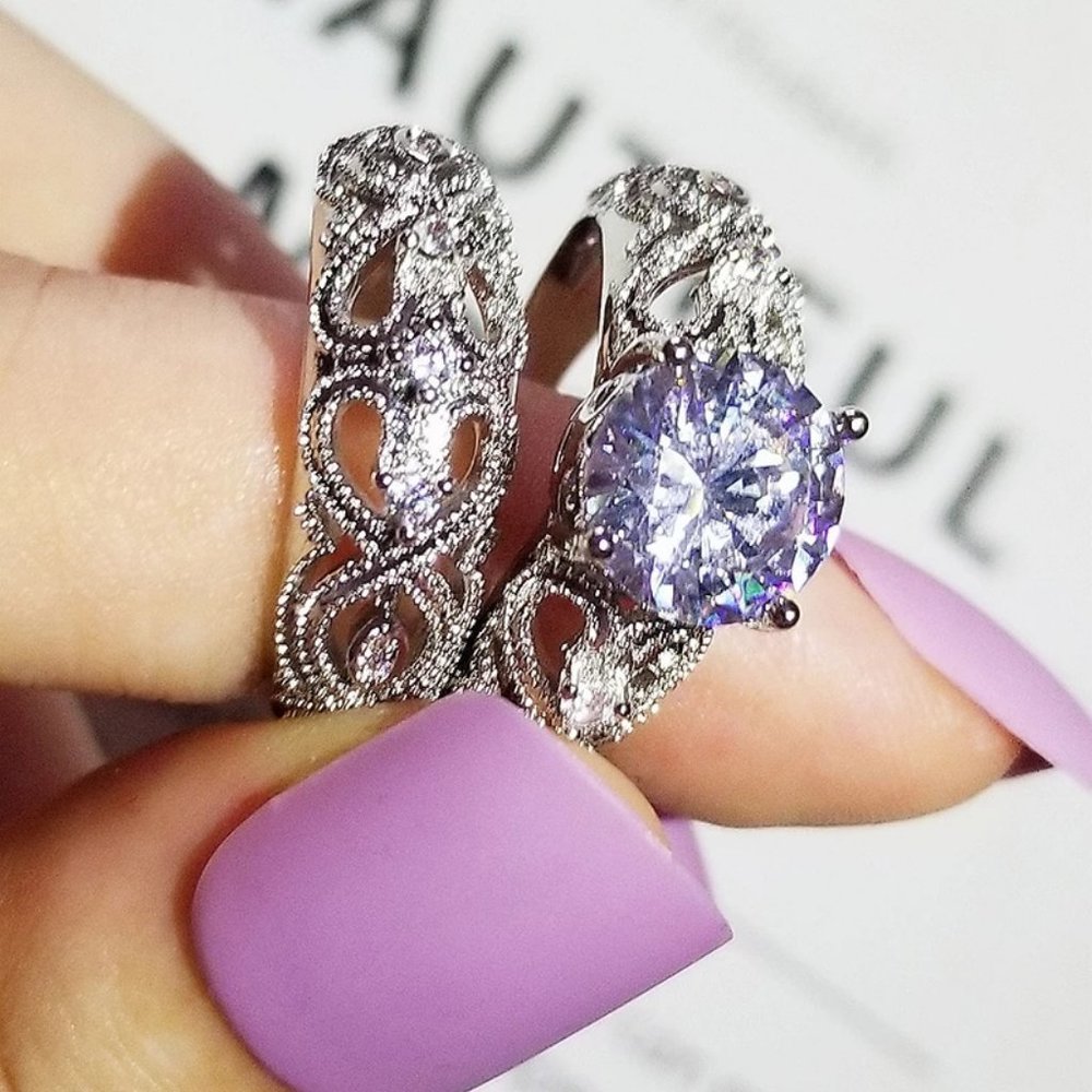 NEW2PC/set 4CT Round Diamond 925 Silver Ring 17 - Picture 2 of 9
